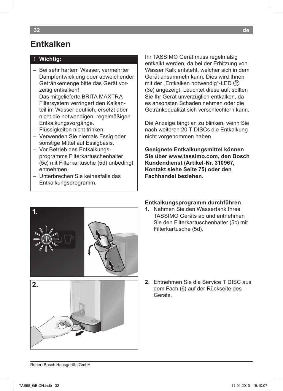 Entkalken | Bosch TASSIMO Multi-Getränke-Automat T55 TAS5542 opal black schwarz User Manual | Page 30 / 74