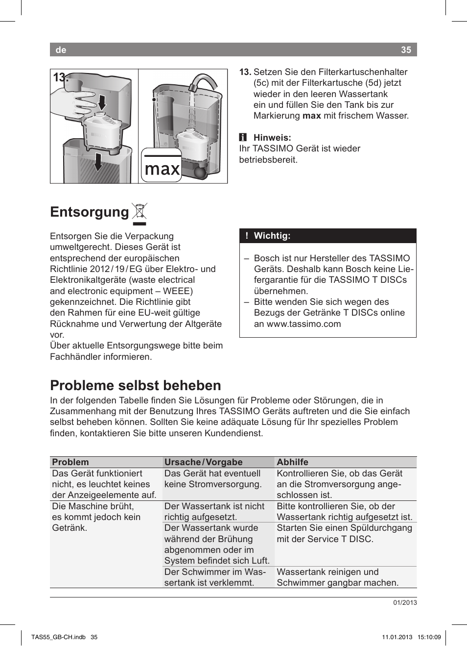 Entsorgung, Probleme selbst beheben | Bosch TASSIMO Multi-Getränke-Automat T55 TAS5542 opal black schwarz User Manual | Page 33 / 74