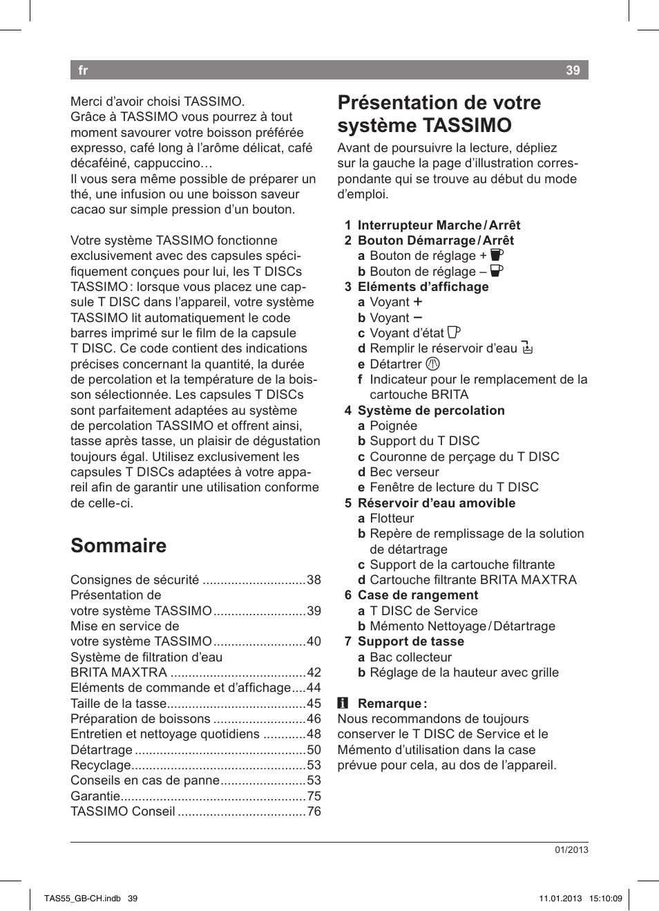 Sommaire, Présentation de votre système tassimo | Bosch TASSIMO Multi-Getränke-Automat T55 TAS5542 opal black schwarz User Manual | Page 37 / 74