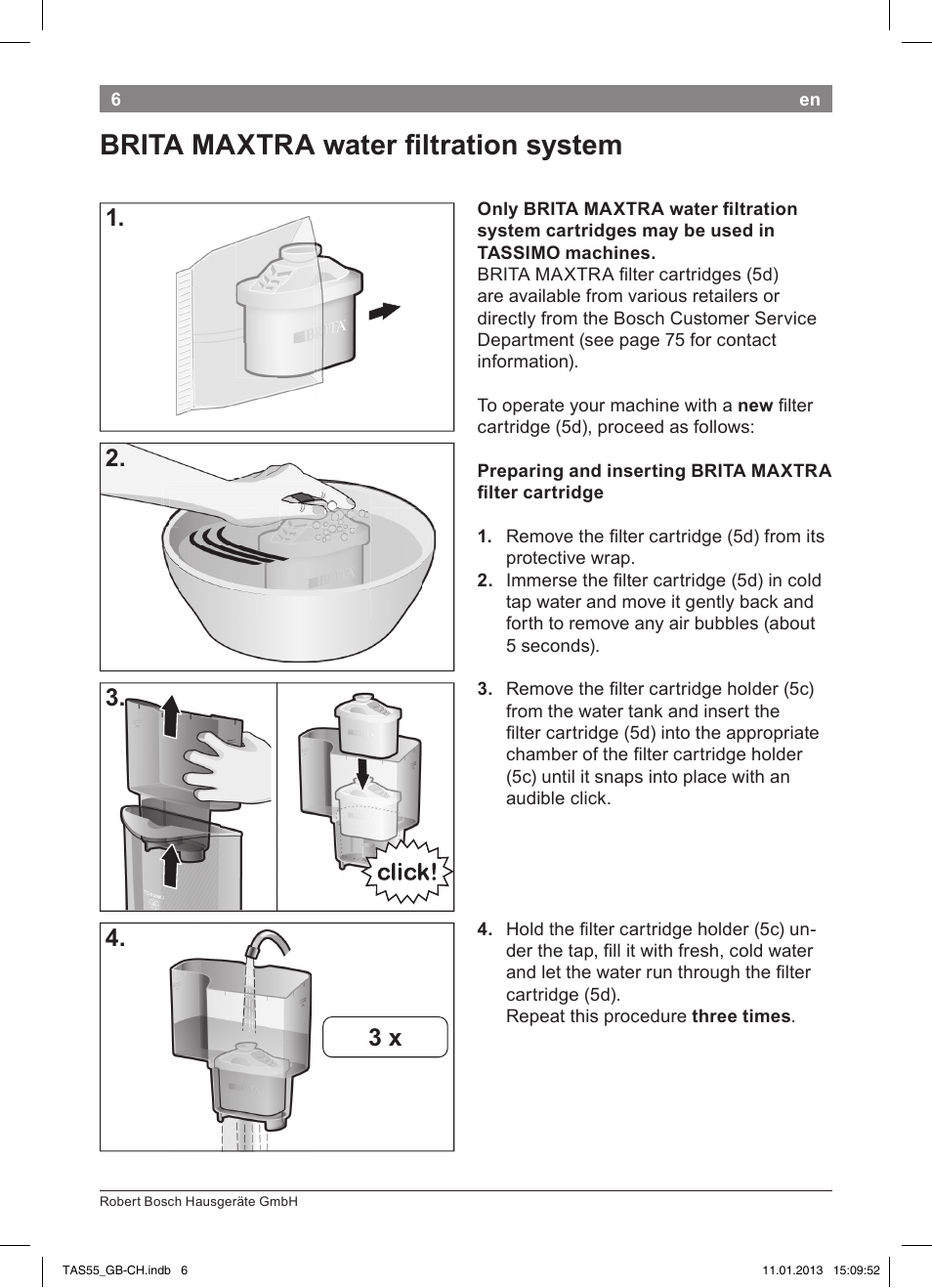 Brita maxtra water fi ltration system, 2. 3. 4. 3 x | Bosch TASSIMO Multi-Getränke-Automat T55 TAS5542 opal black schwarz User Manual | Page 4 / 74