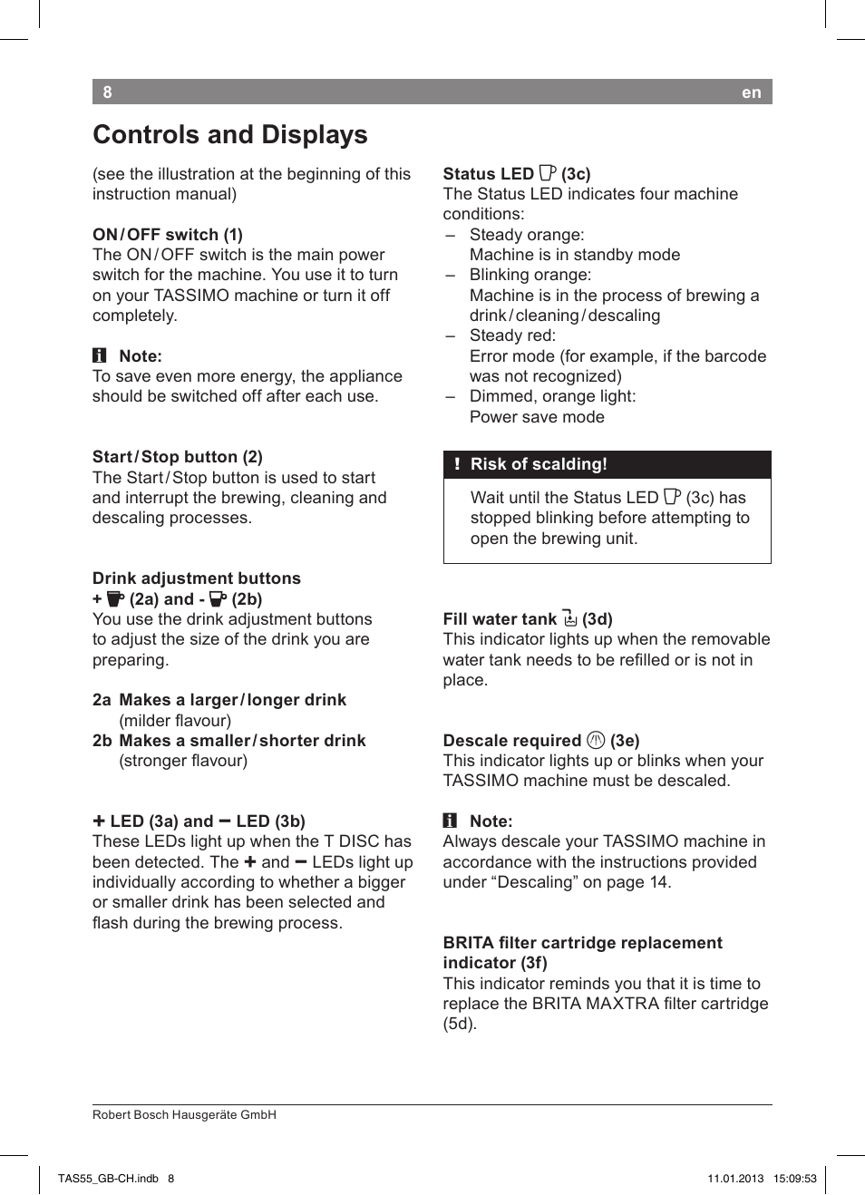 Controls and displays | Bosch TASSIMO Multi-Getränke-Automat T55 TAS5542 opal black schwarz User Manual | Page 6 / 74