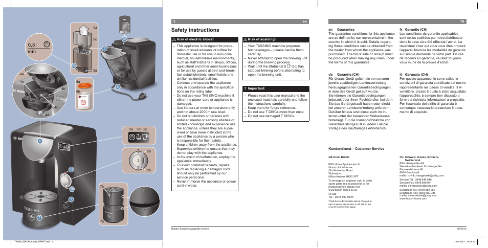 Safety instructions | Bosch TASSIMO Multi-Getränke-Automat T55 TAS5542 opal black schwarz User Manual | Page 74 / 74