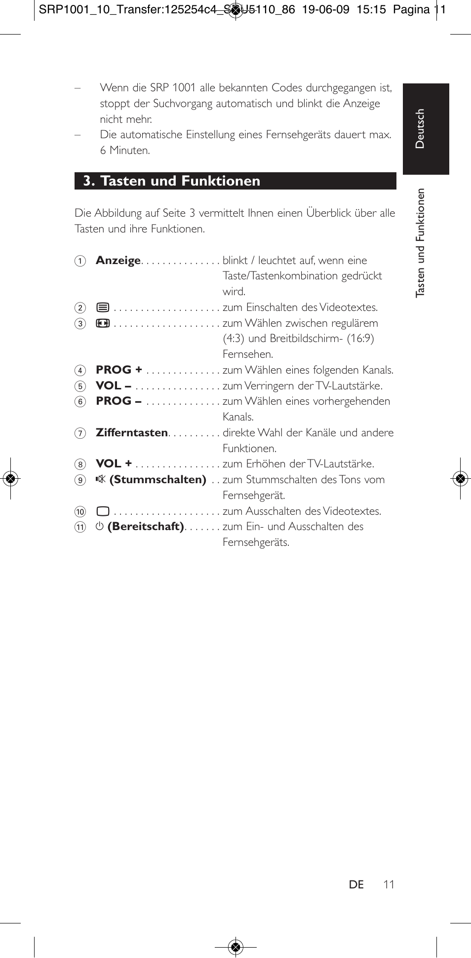 Tasten und funktionen | Philips SRP1001 User Manual | Page 11 / 96