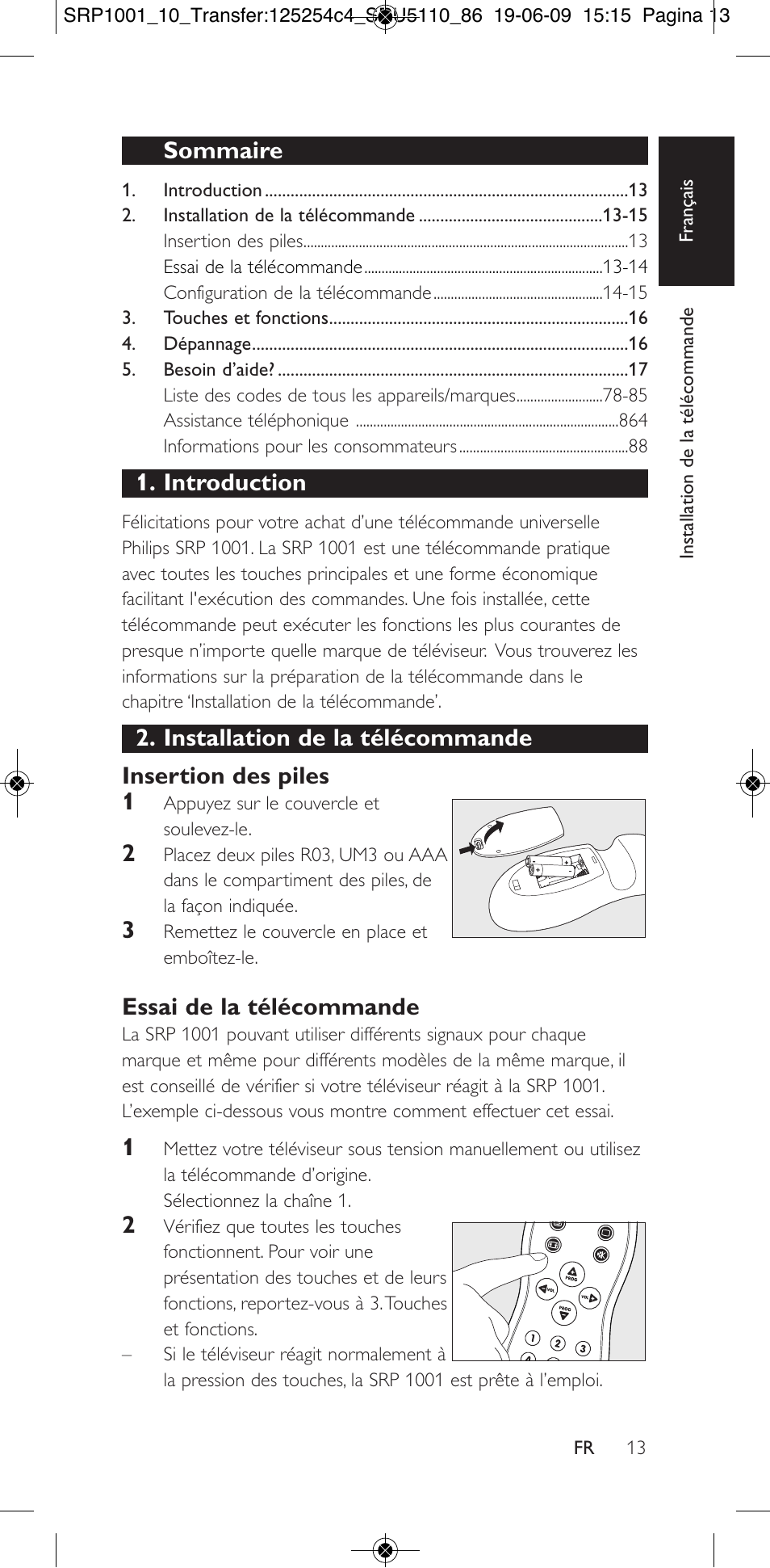 Sommaire, Introduction, Essai de la télécommande | Philips SRP1001 User Manual | Page 13 / 96