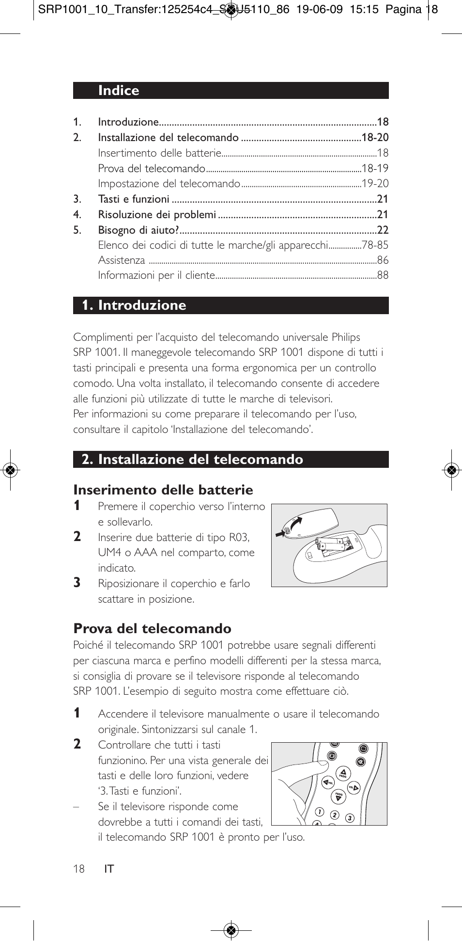 Indice, Introduzione, Prova del telecomando | Philips SRP1001 User Manual | Page 18 / 96