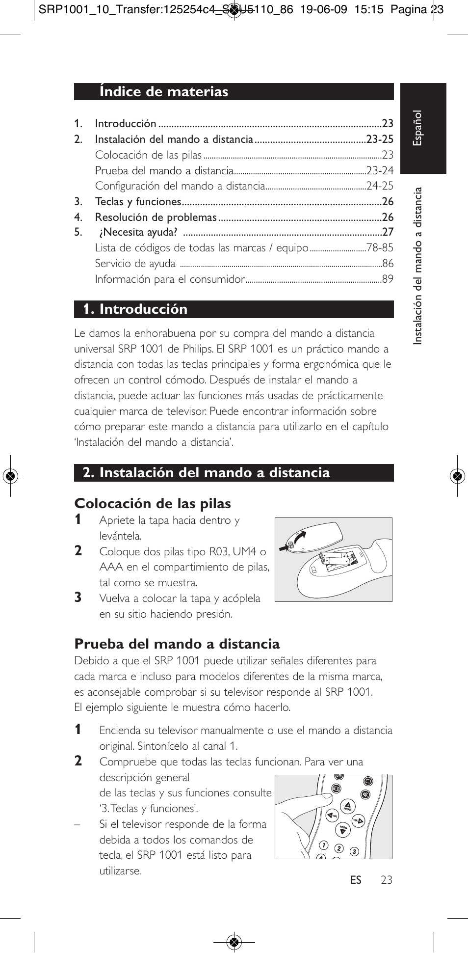 Índice de materias, Introducción, Prueba del mando a distancia | Philips SRP1001 User Manual | Page 23 / 96