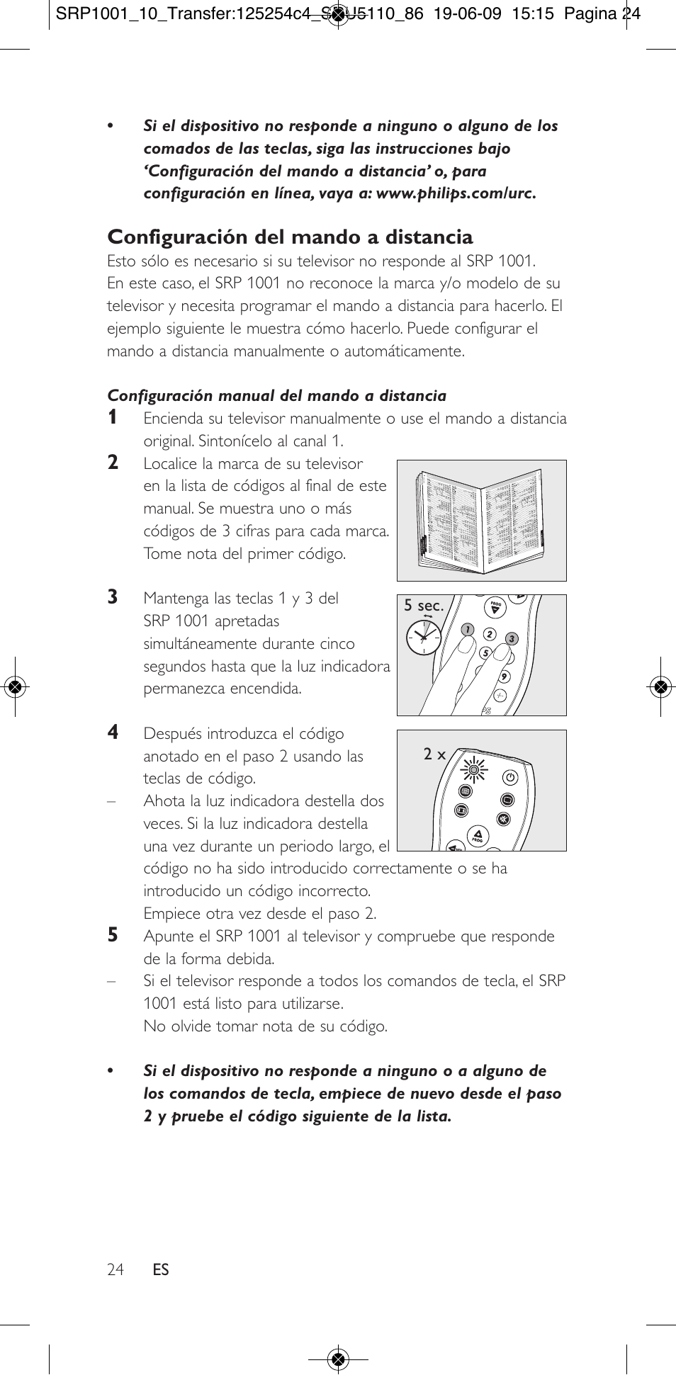 Configuración del mando a distancia | Philips SRP1001 User Manual | Page 24 / 96