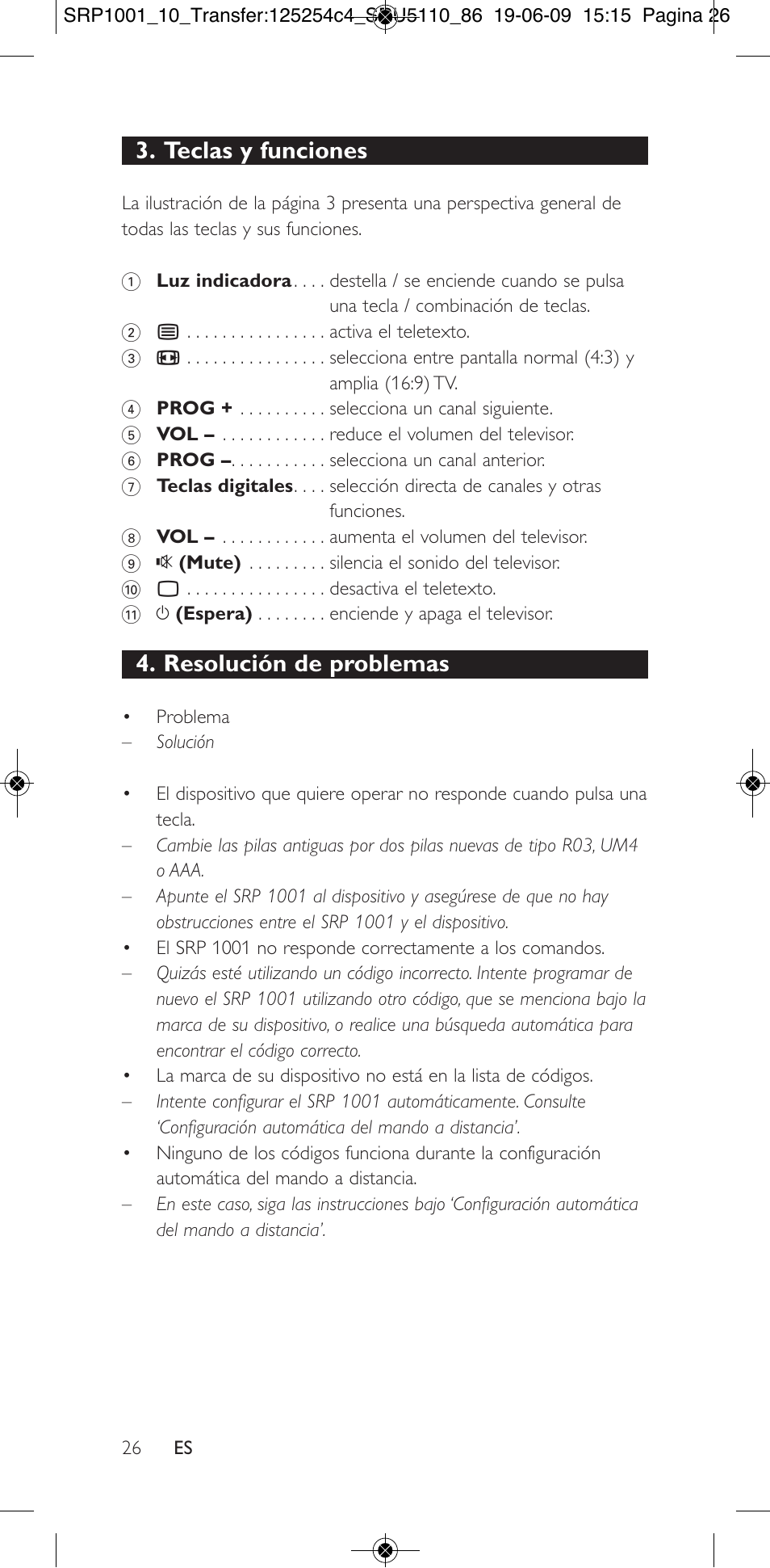 Teclas y funciones, Resolución de problemas | Philips SRP1001 User Manual | Page 26 / 96