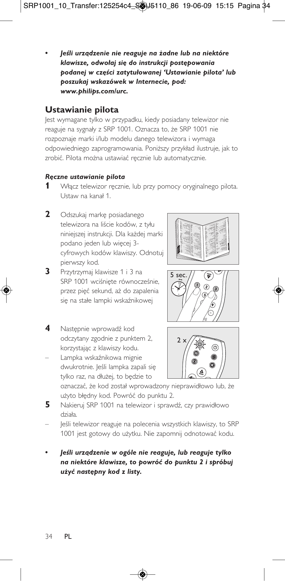 Ustawianie pilota | Philips SRP1001 User Manual | Page 34 / 96