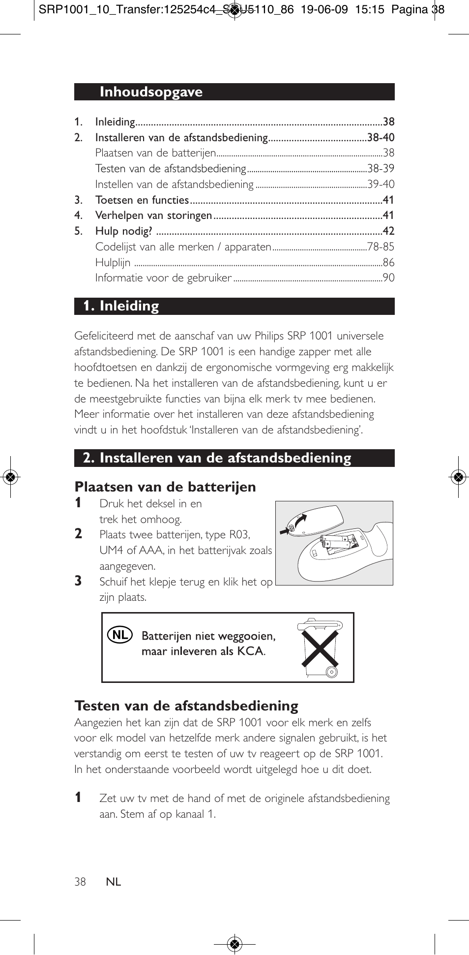 Inhoudsopgave, Inleiding, Testen van de afstandsbediening | Philips SRP1001 User Manual | Page 38 / 96