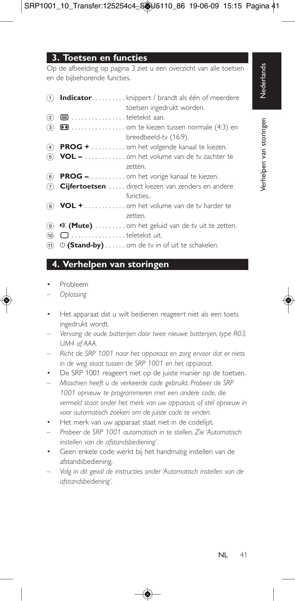 Toetsen en functies, Verhelpen van storingen | Philips SRP1001 User Manual | Page 41 / 96