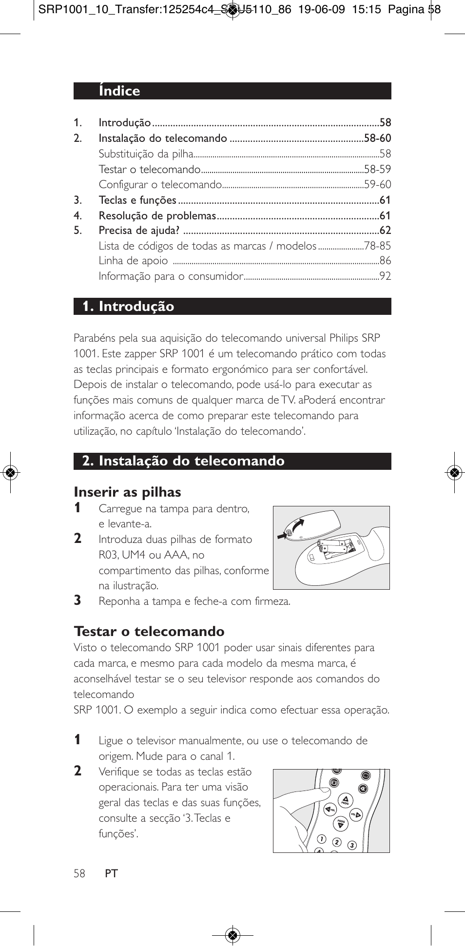 Índice, Introdução, Instalação do telecomando inserir as pilhas 1 | Testar o telecomando | Philips SRP1001 User Manual | Page 58 / 96