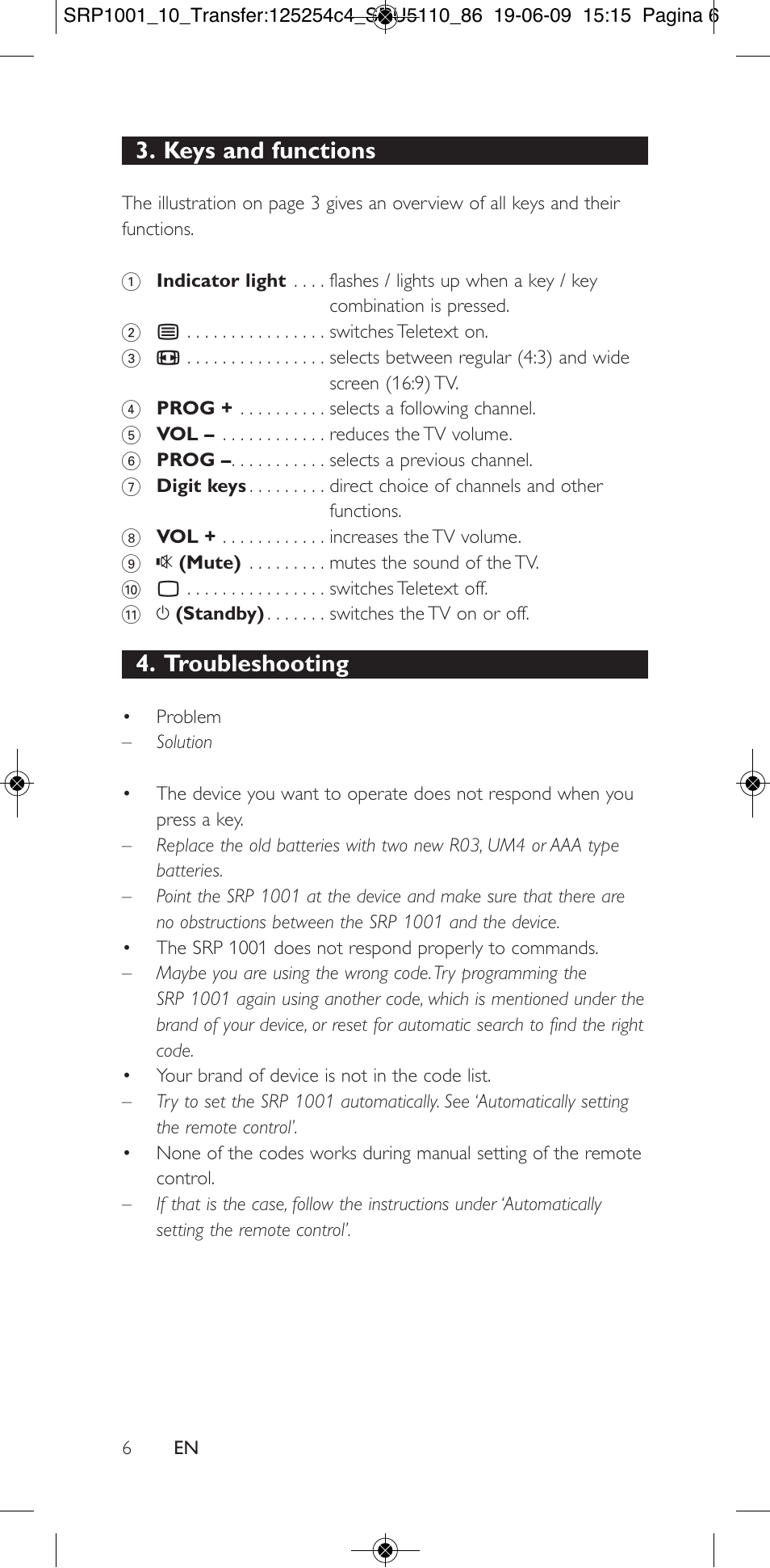 Keys and functions, Troubleshooting | Philips SRP1001 User Manual | Page 6 / 96