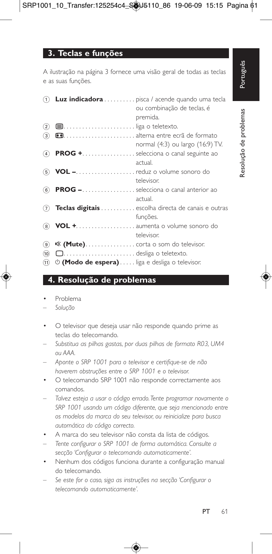 Teclas e funções, Resolução de problemas | Philips SRP1001 User Manual | Page 61 / 96