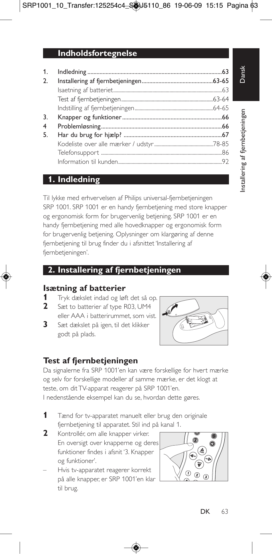 Indholdsfortegnelse, Indledning, Test af fjernbetjeningen | Philips SRP1001 User Manual | Page 63 / 96