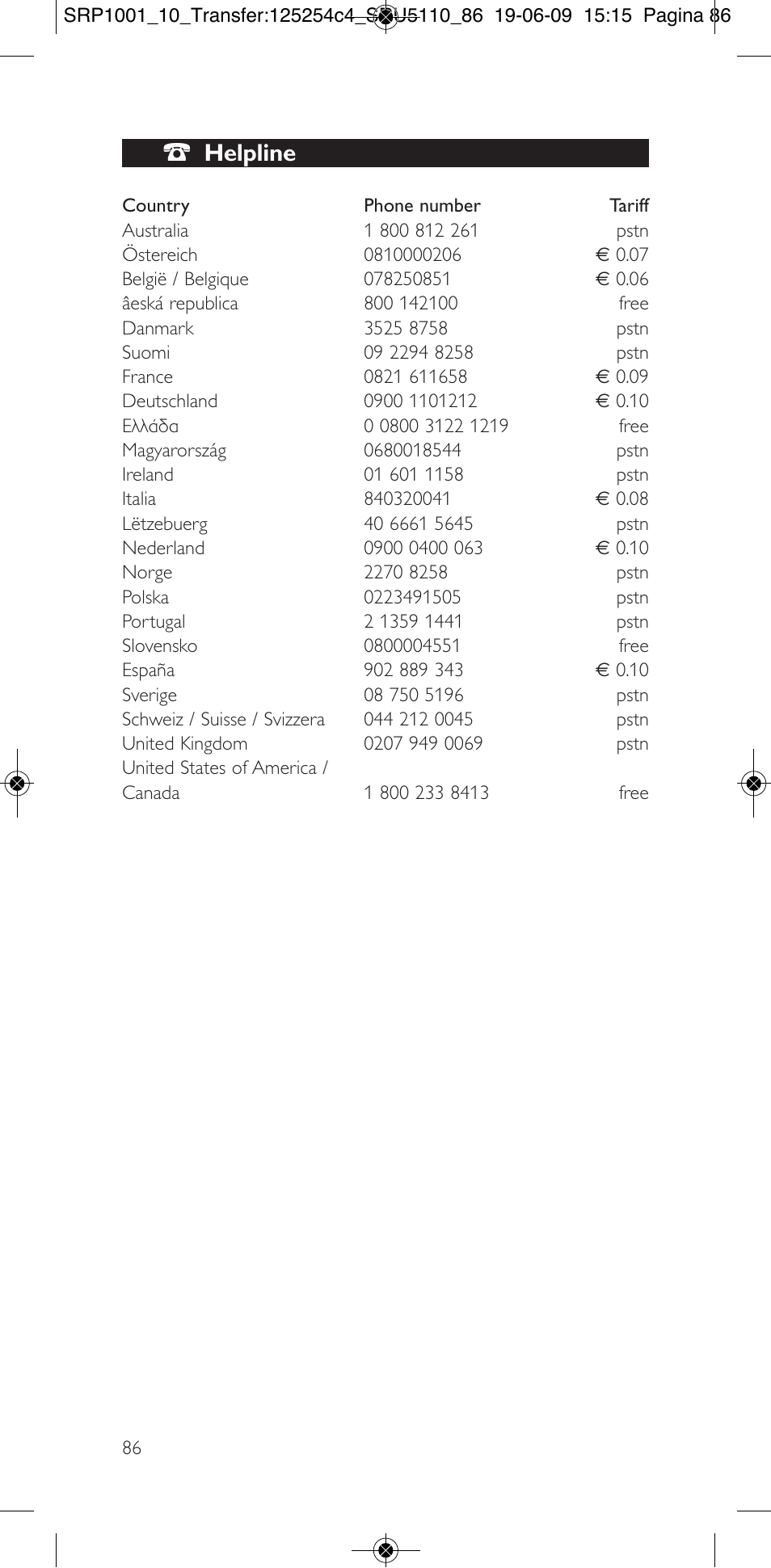 3 helpline | Philips SRP1001 User Manual | Page 86 / 96