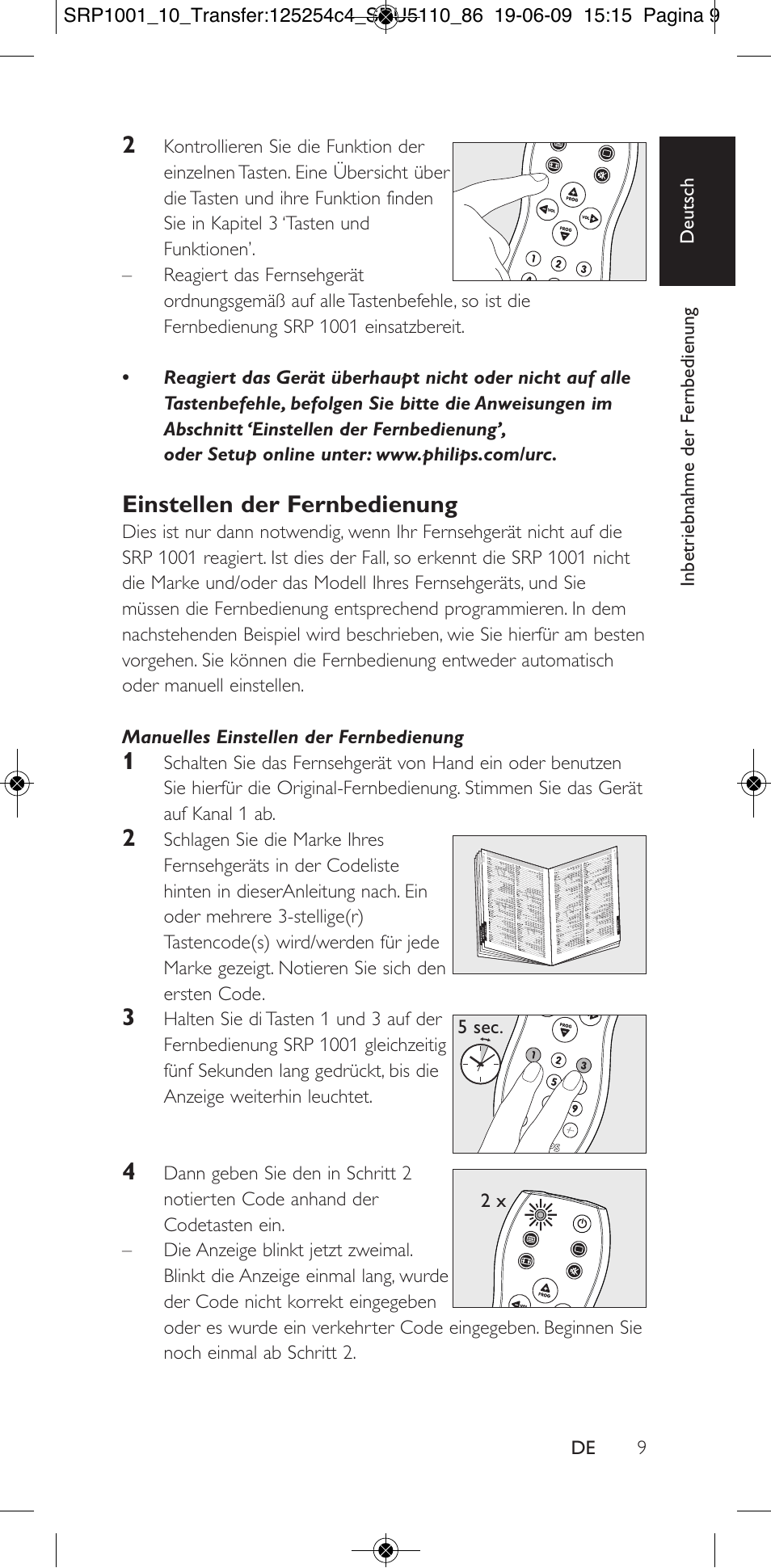 Einstellen der fernbedienung | Philips SRP1001 User Manual | Page 9 / 96