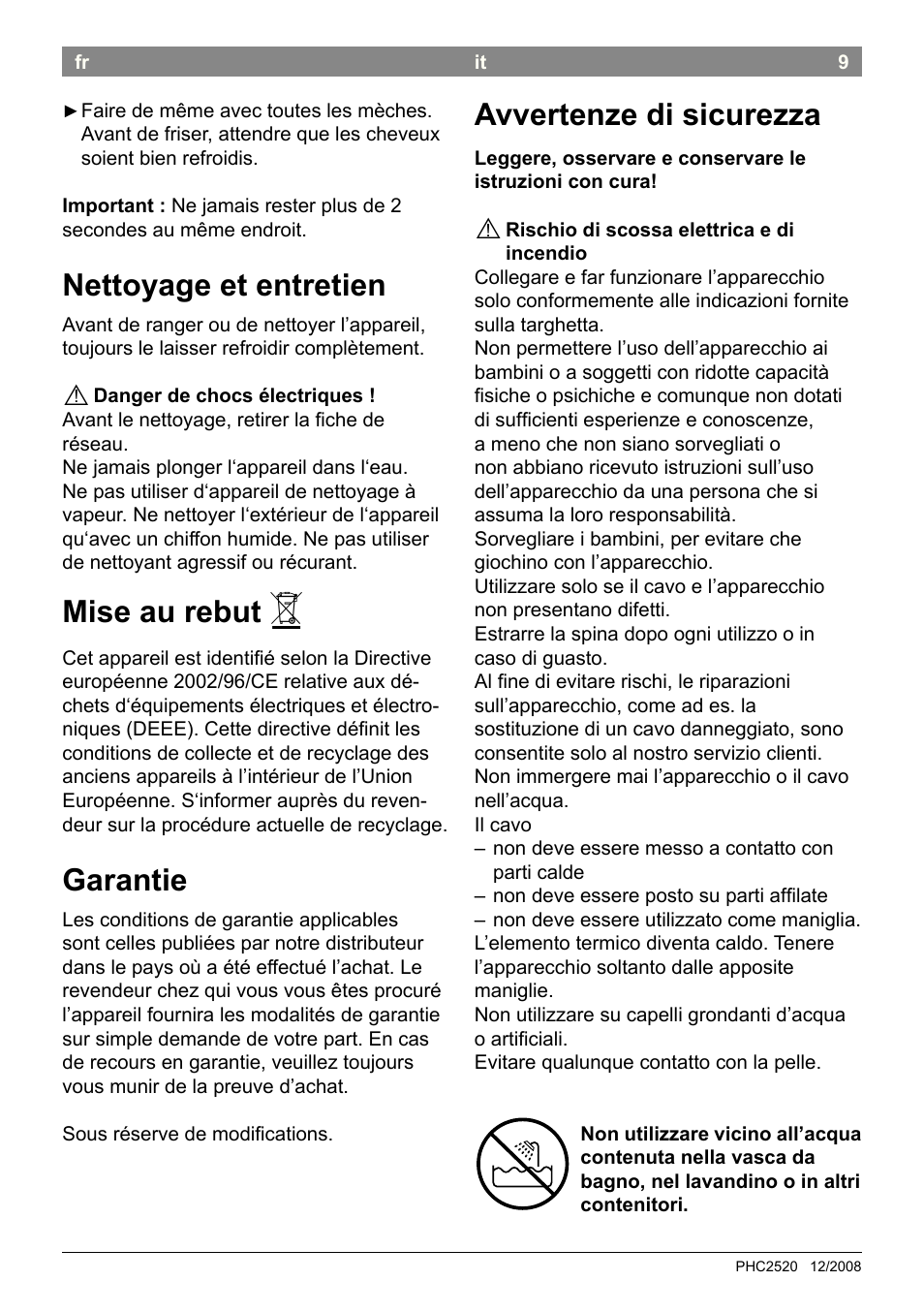 Avvertenze di sicurezza, Nettoyage et entretien, Mise au rebut | Garantie | Bosch PHC2520 2in1 Styler User Manual | Page 11 / 58