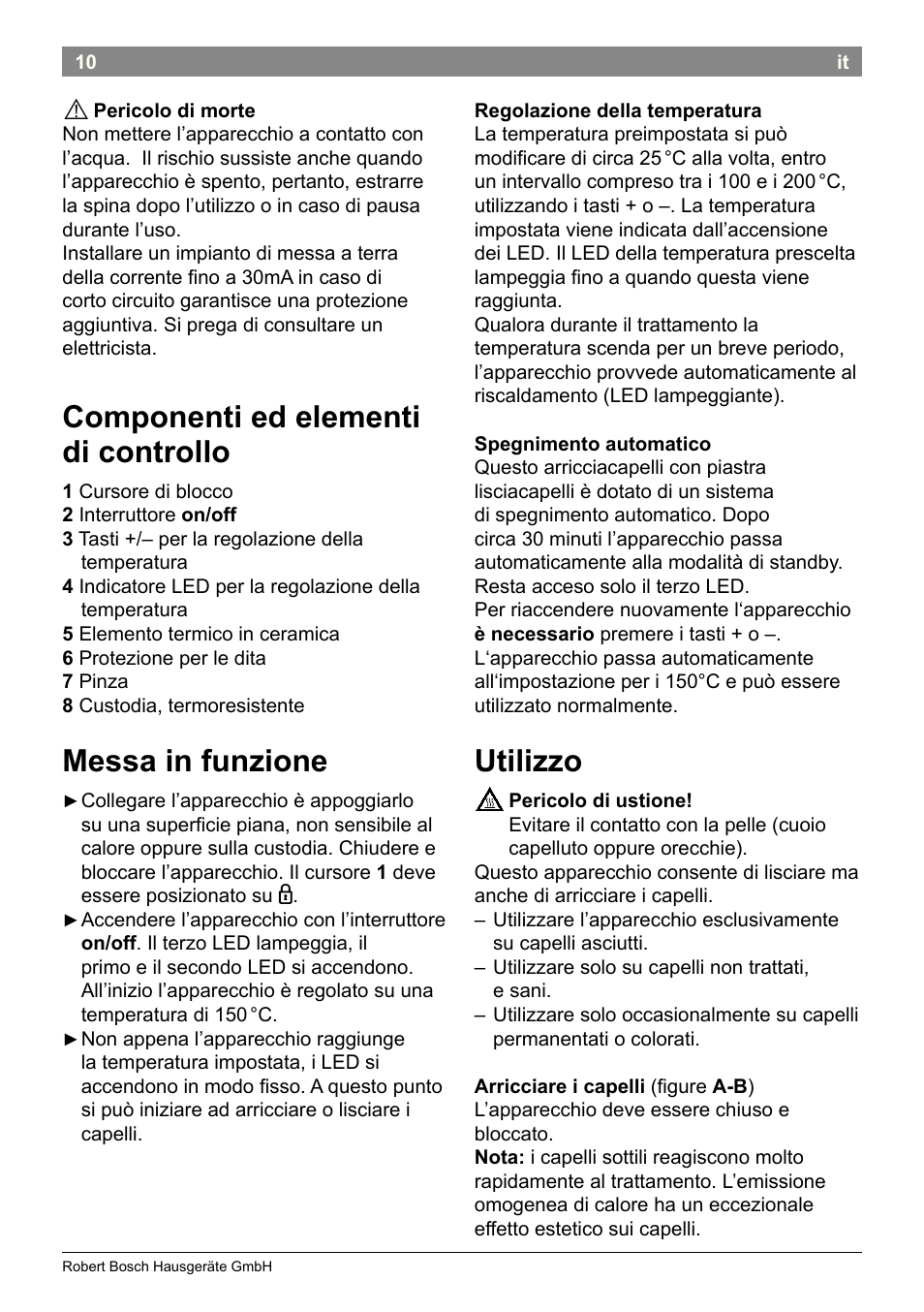 Componenti ed elementi di controllo, Messa in funzione, Utilizzo | Bosch PHC2520 2in1 Styler User Manual | Page 12 / 58