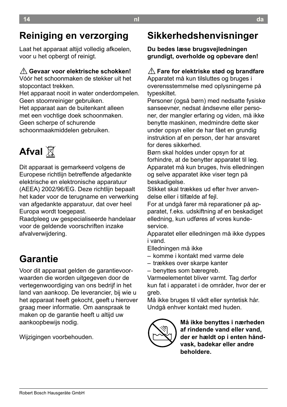 Sikkerhedshenvisninger, Reiniging en verzorging, Afval | Garantie | Bosch PHC2520 2in1 Styler User Manual | Page 16 / 58