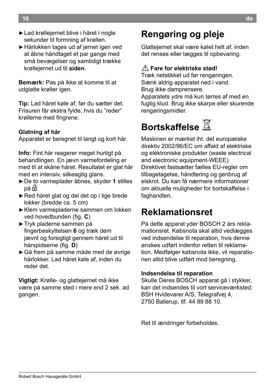 Rengøring og pleje, Bortskaffelse, Reklamationsret | Bosch PHC2520 2in1 Styler User Manual | Page 18 / 58