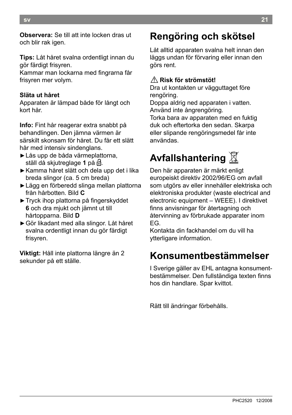 Rengöring och skötsel, Avfallshantering, Konsumentbestämmelser | Bosch PHC2520 2in1 Styler User Manual | Page 23 / 58