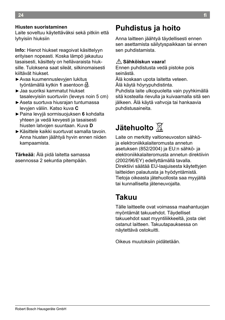 Puhdistus ja hoito, Jätehuolto, Takuu | Bosch PHC2520 2in1 Styler User Manual | Page 26 / 58