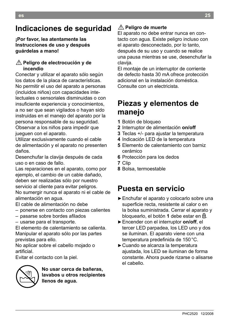 Indicaciones de seguridad, Piezas y elementos de manejo, Puesta en servicio | Bosch PHC2520 2in1 Styler User Manual | Page 27 / 58
