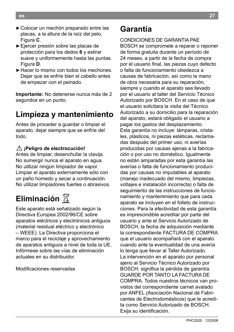 Limpieza y mantenimiento, Eliminación, Garantía | Bosch PHC2520 2in1 Styler User Manual | Page 29 / 58