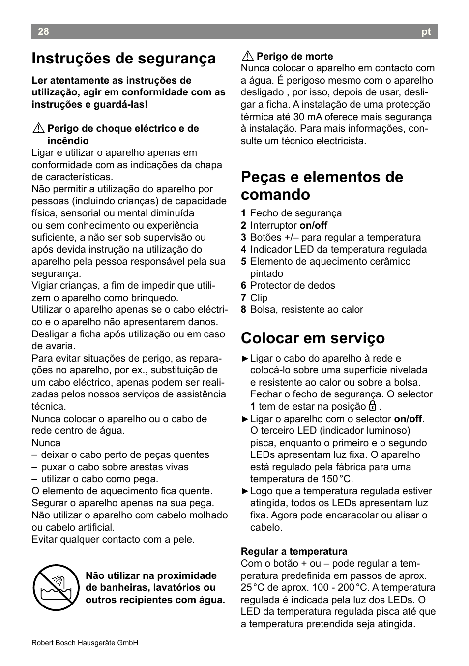 Peças e elementos de comando, Colocar em serviço, Instruções de segurança | Bosch PHC2520 2in1 Styler User Manual | Page 30 / 58