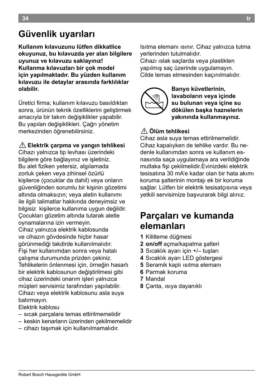 Güvenlik uyarıları, Parçaları ve kumanda elemanları | Bosch PHC2520 2in1 Styler User Manual | Page 36 / 58