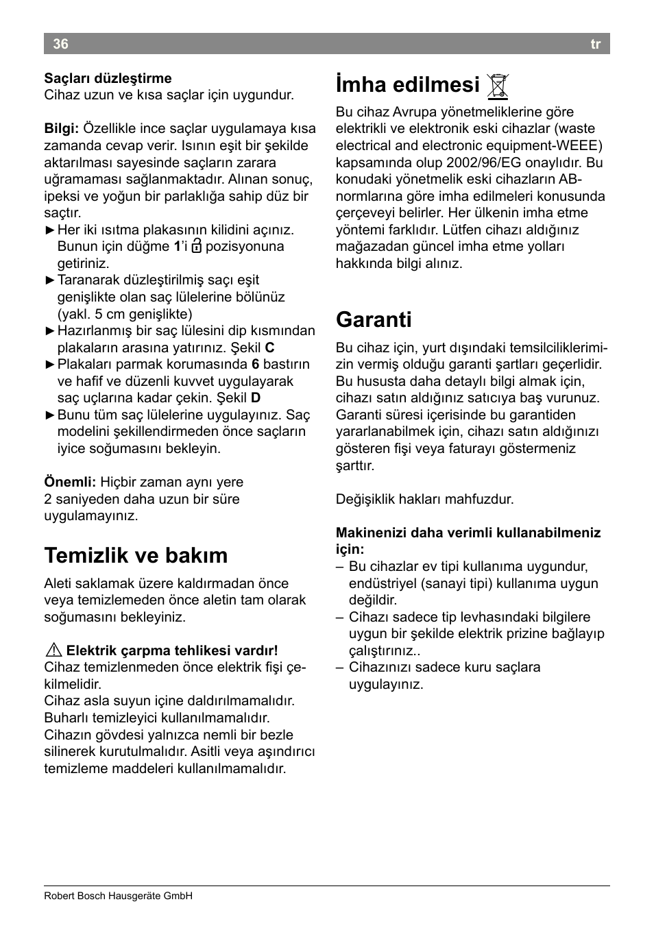 Temizlik ve bakım, Imha edilmesi, Garanti | Bosch PHC2520 2in1 Styler User Manual | Page 38 / 58