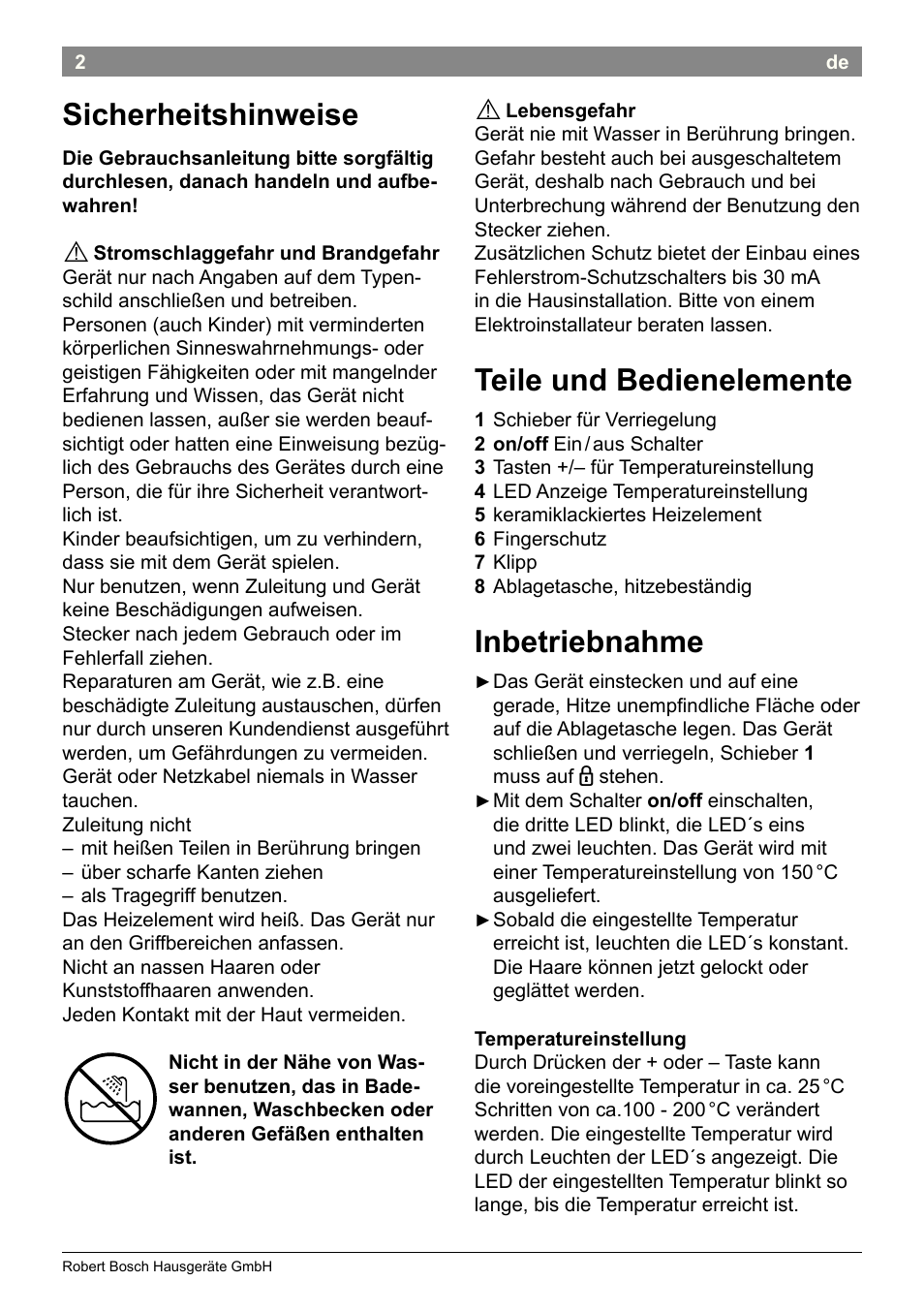 Sicherheitshinweise, Teile und bedienelemente, Inbetriebnahme | Bosch PHC2520 2in1 Styler User Manual | Page 4 / 58