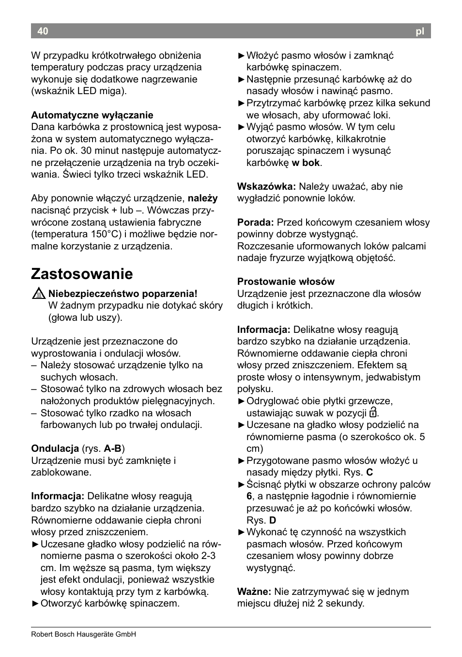 Zastosowanie | Bosch PHC2520 2in1 Styler User Manual | Page 42 / 58