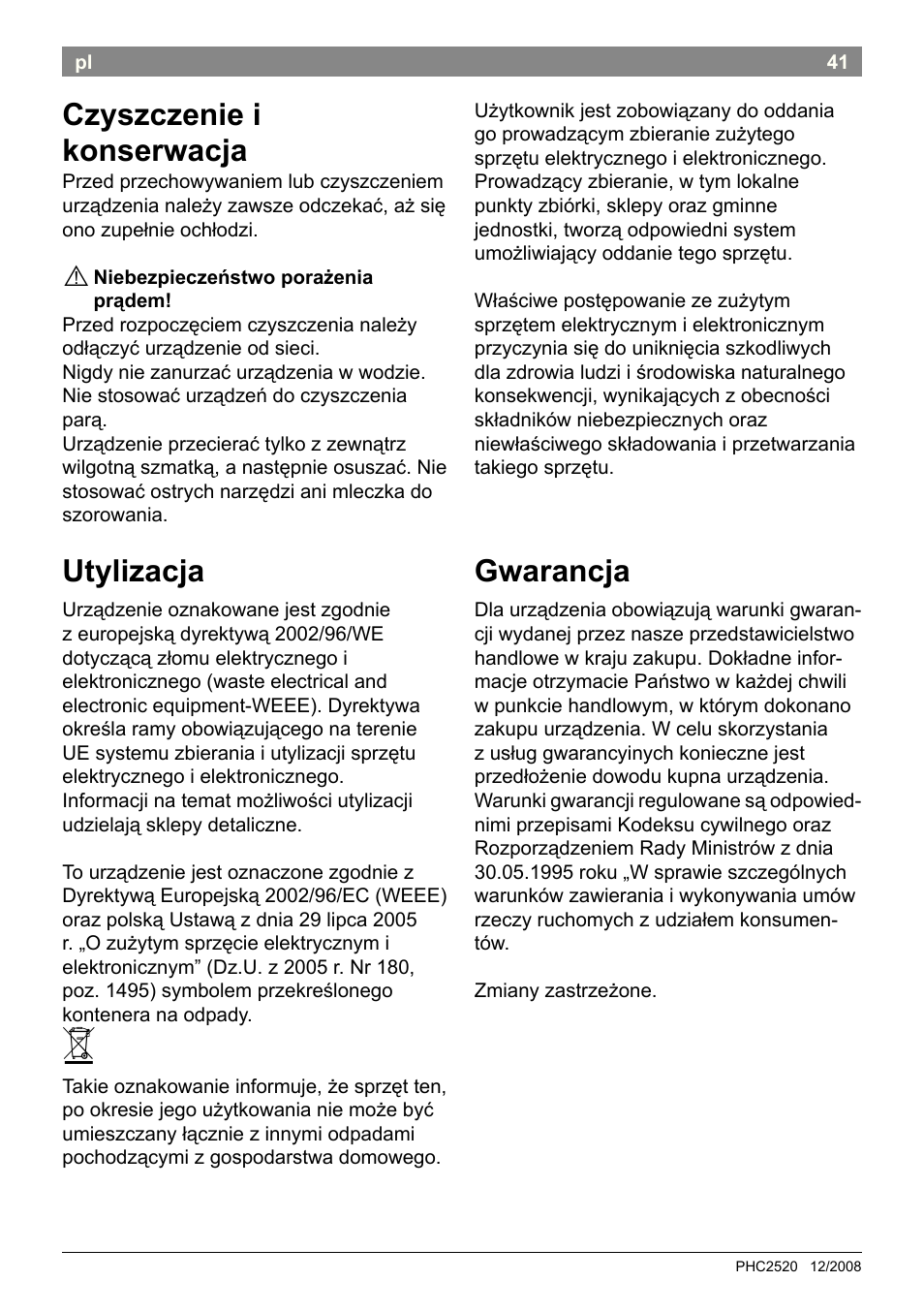 Czyszczenie i konserwacja, Utylizacja, Gwarancja | Bosch PHC2520 2in1 Styler User Manual | Page 43 / 58