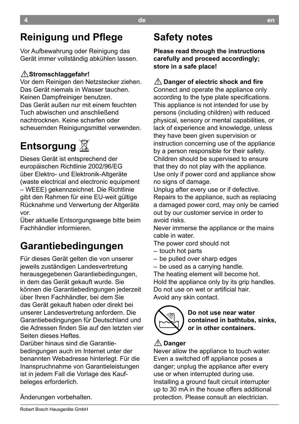 Reinigung und plege, Entsorgung, Garantiebedingungen | Bosch PHC2520 2in1 Styler User Manual | Page 6 / 58