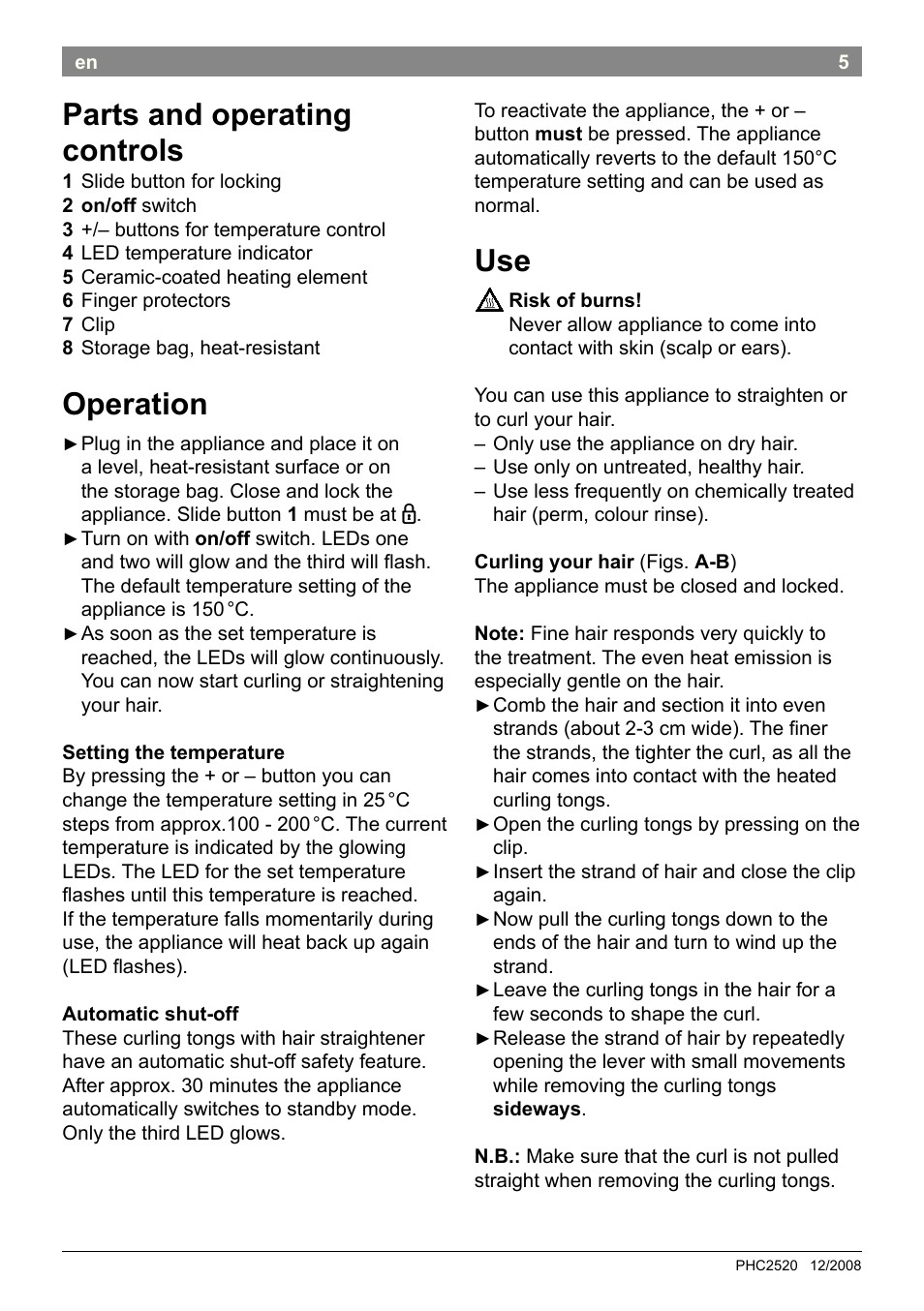 Parts and operating controls, Operation | Bosch PHC2520 2in1 Styler User Manual | Page 7 / 58