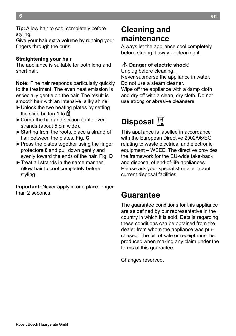 Cleaning and maintenance, Disposal, Guarantee | Bosch PHC2520 2in1 Styler User Manual | Page 8 / 58
