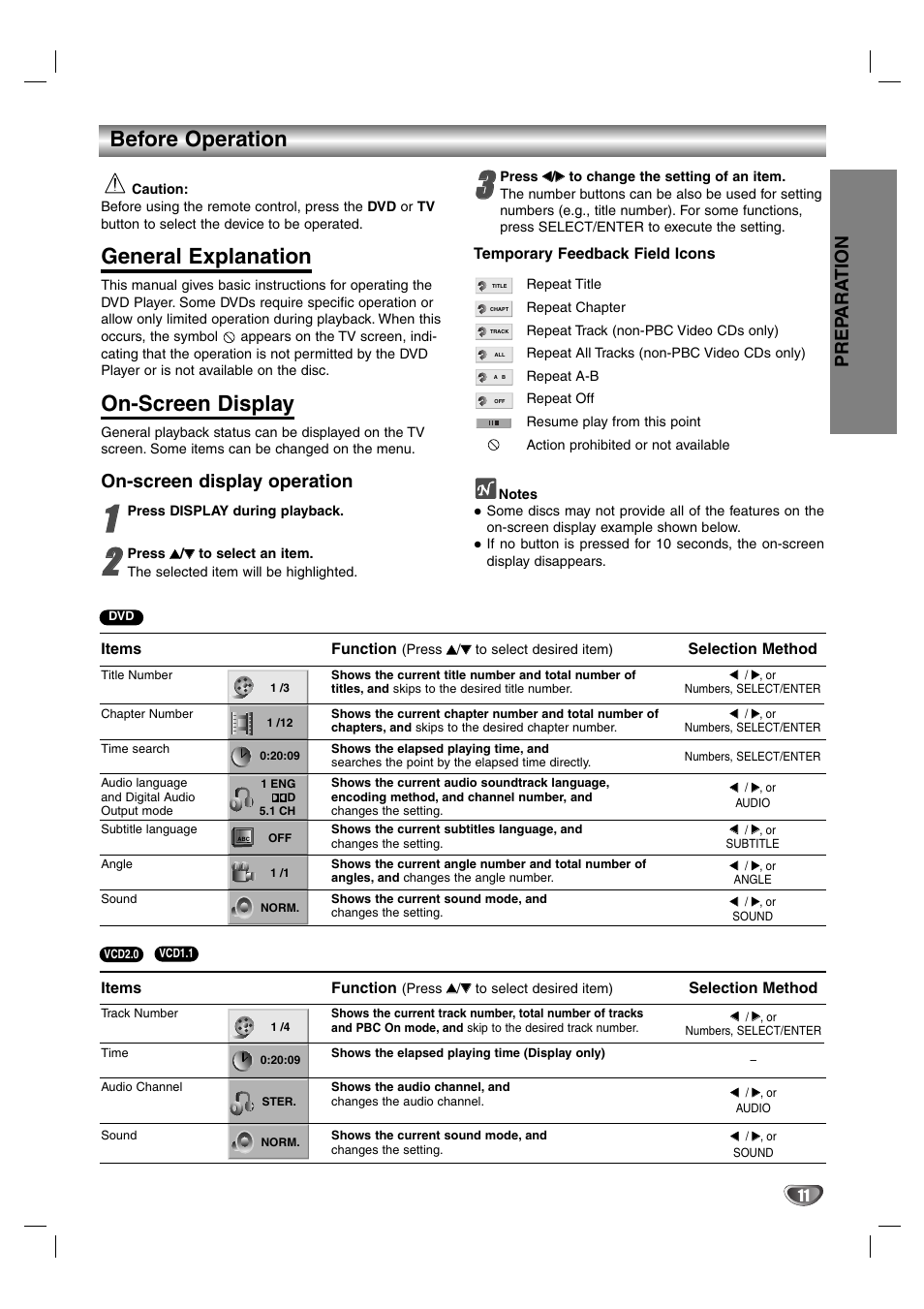Before operation, General explanation, On-screen display | On-screen display operation, Prep ara tion | LG DS375 User Manual | Page 37 / 52
