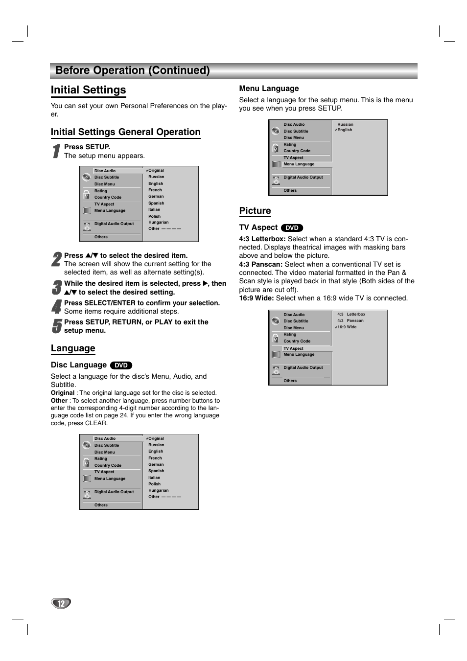 Before operation (continued) initial settings, Initial settings general operation, Language | Picture, Disc language, Menu language, Tv aspect | LG DS375 User Manual | Page 38 / 52