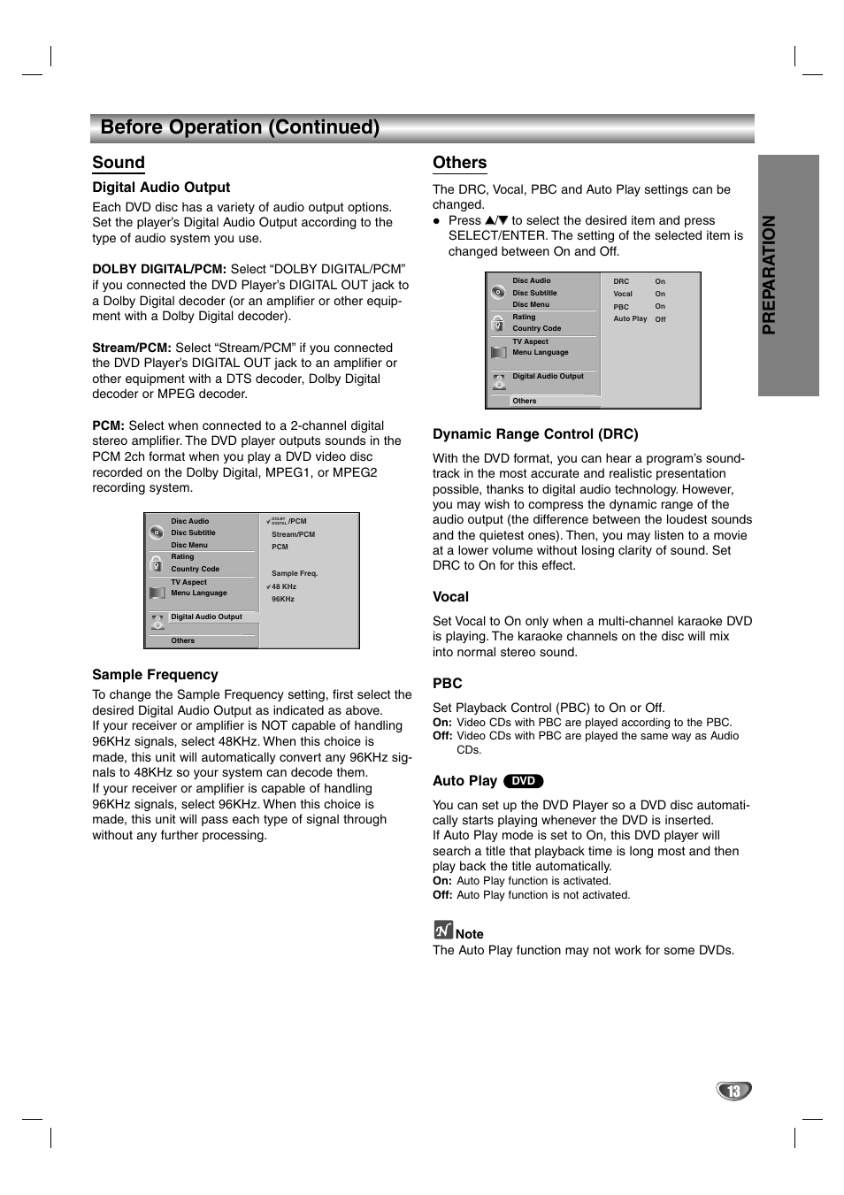 Before operation (continued), Sound, Others | Prep ara tion, Digital audio output, Sample frequency, Dynamic range control (drc), Vocal, Auto play | LG DS375 User Manual | Page 39 / 52