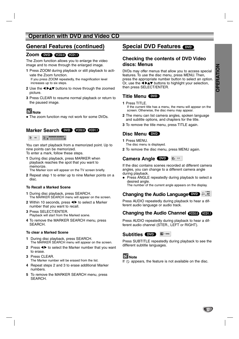 Special dvd features, Zoom, Marker search | Checking the contents of dvd video discs: menus, Title menu, Disc menu, Camera angle, Changing the audio language, Changing the audio channel, Subtitles | LG DS375 User Manual | Page 43 / 52