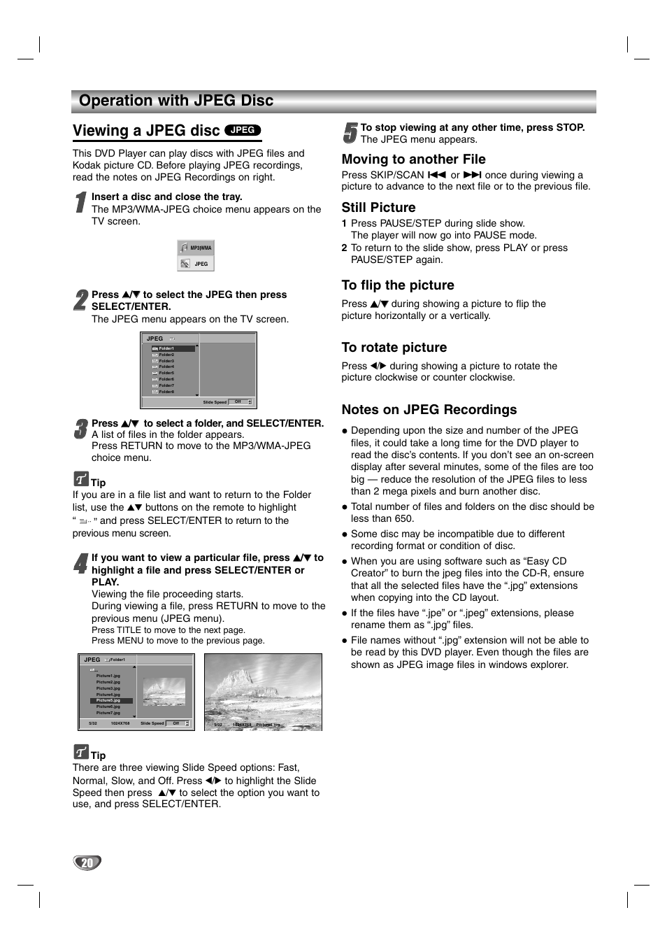 Viewing a jpeg disc, Operation with jpeg disc, Moving to another file | Still picture | LG DS375 User Manual | Page 46 / 52