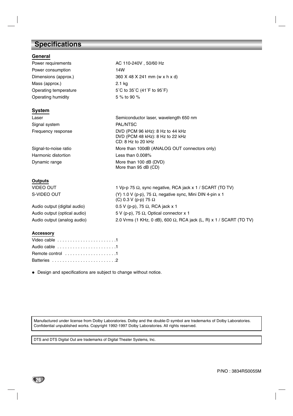 Specifications | LG DS375 User Manual | Page 52 / 52