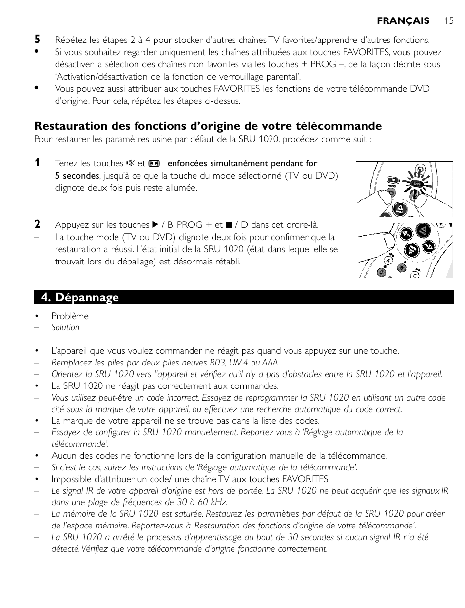 Dépannage | Philips SRU1020 User Manual | Page 14 / 107