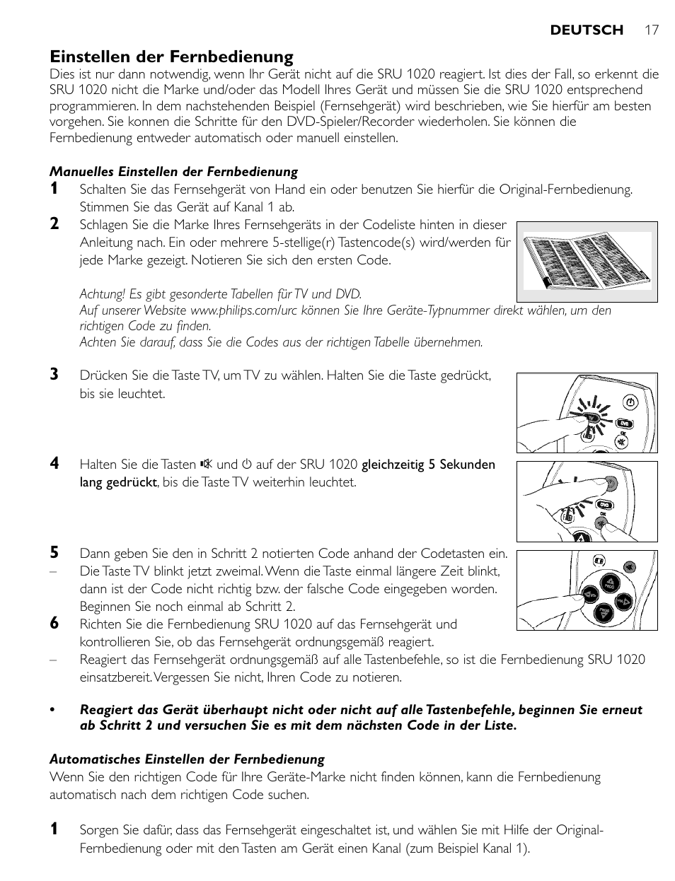 Einstellen der fernbedienung | Philips SRU1020 User Manual | Page 16 / 107