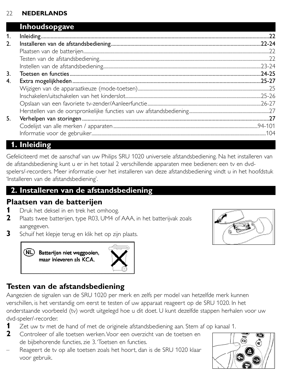 Inhoudsopgave, Inleiding, Testen van de afstandsbediening | Philips SRU1020 User Manual | Page 21 / 107