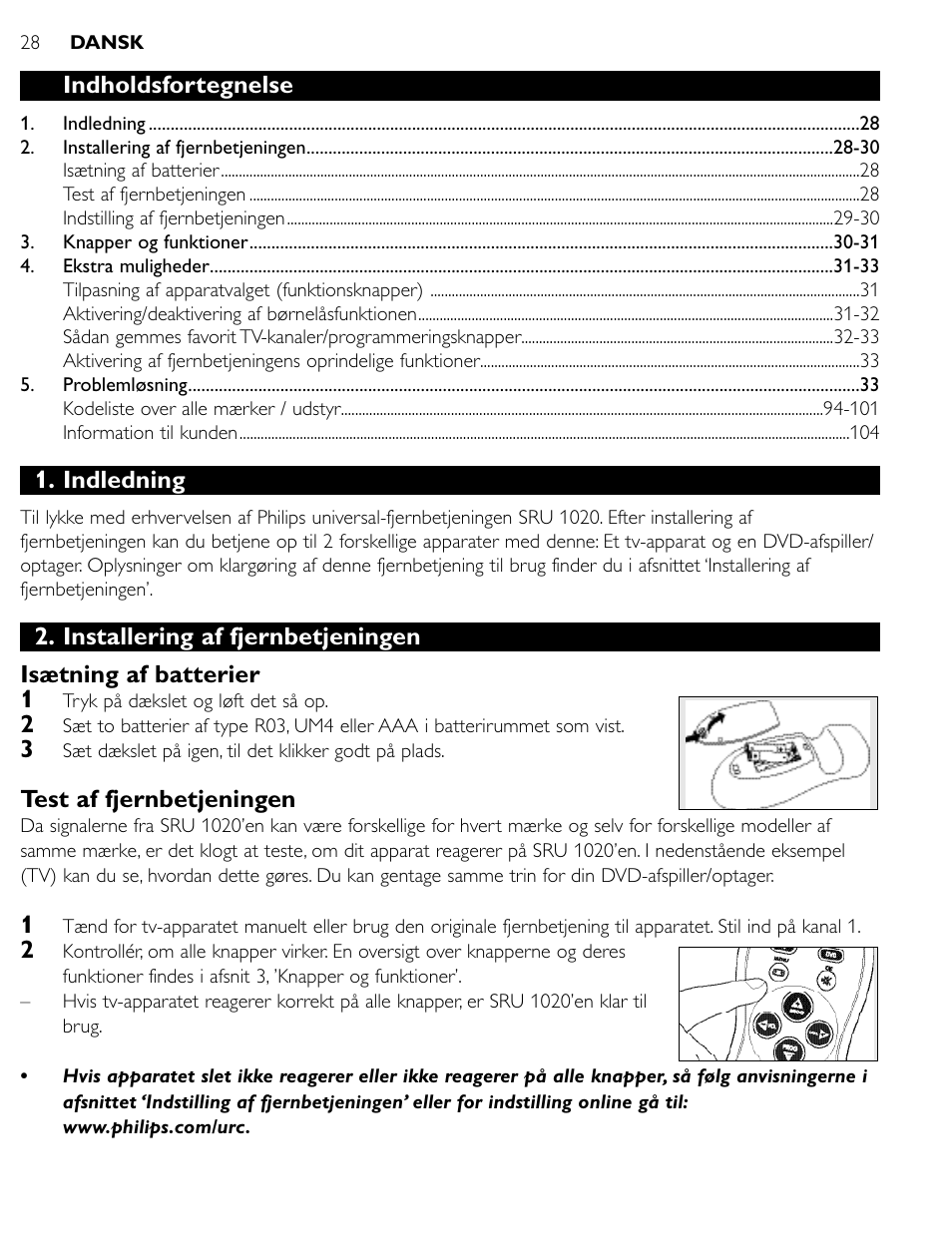 Indholdsfortegnelse, Indledning, Test af fjernbetjeningen | Philips SRU1020 User Manual | Page 27 / 107