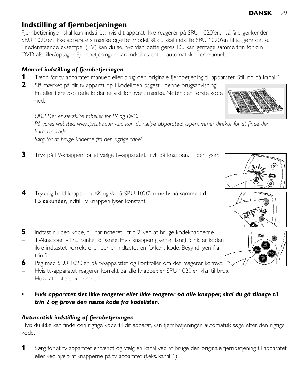 Indstilling af fjernbetjeningen | Philips SRU1020 User Manual | Page 28 / 107