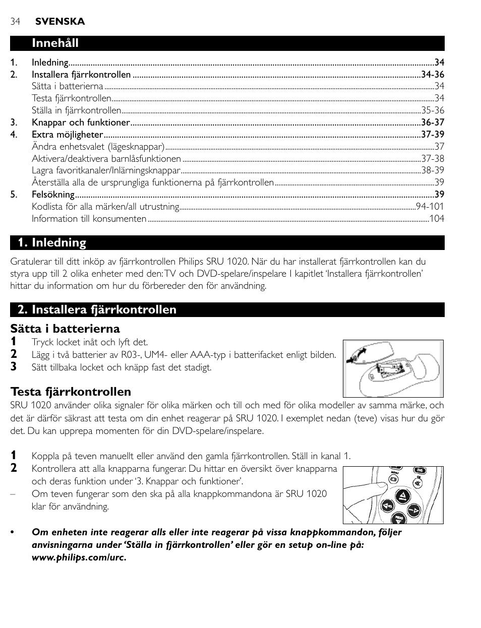 Innehåll, Inledning, Installera fjärrkontrollen sätta i batterierna 1 | Testa fjärrkontrollen | Philips SRU1020 User Manual | Page 33 / 107